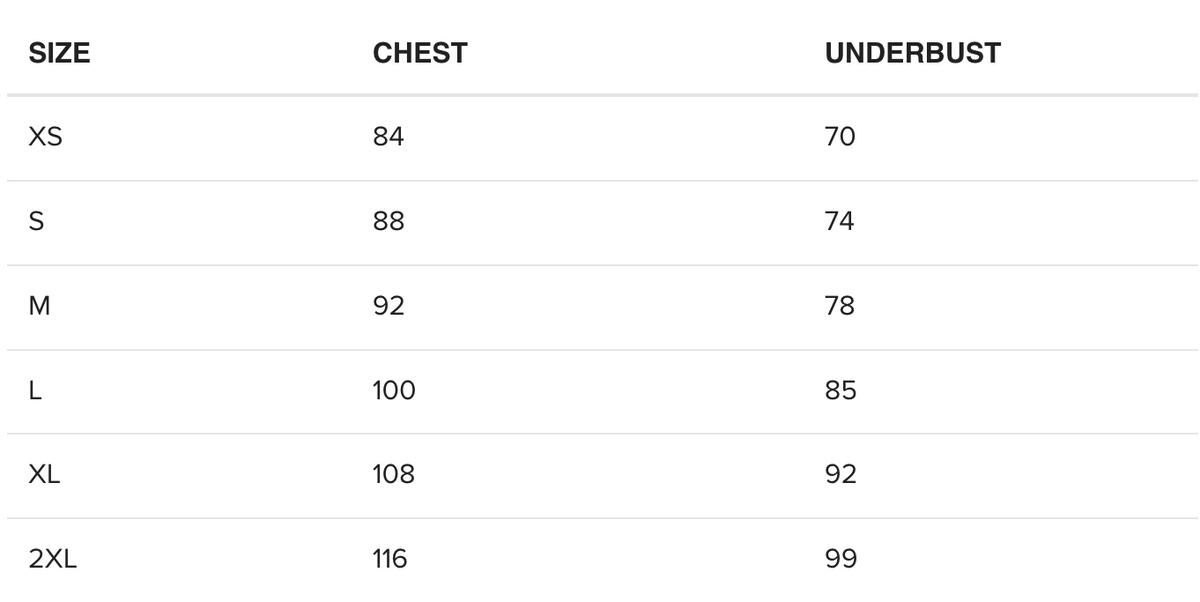 Size chart for clothing measurements in inches and centimeters