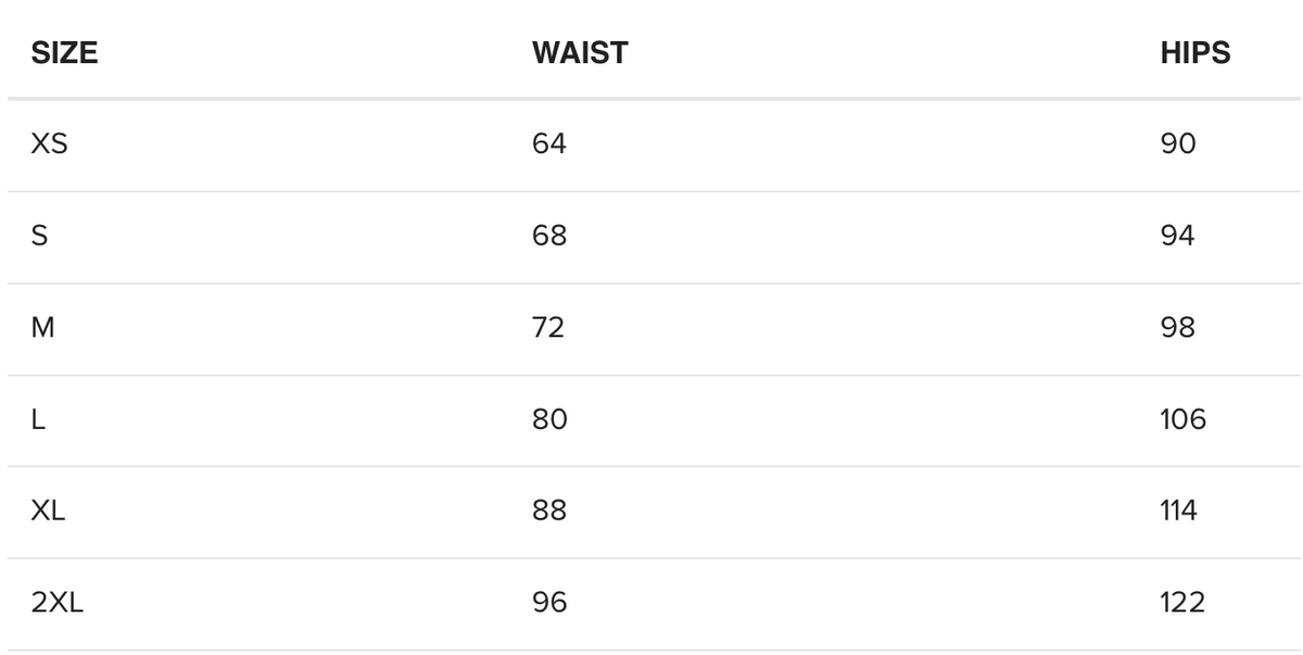 Size chart for waist and hips in inches and centimeters
